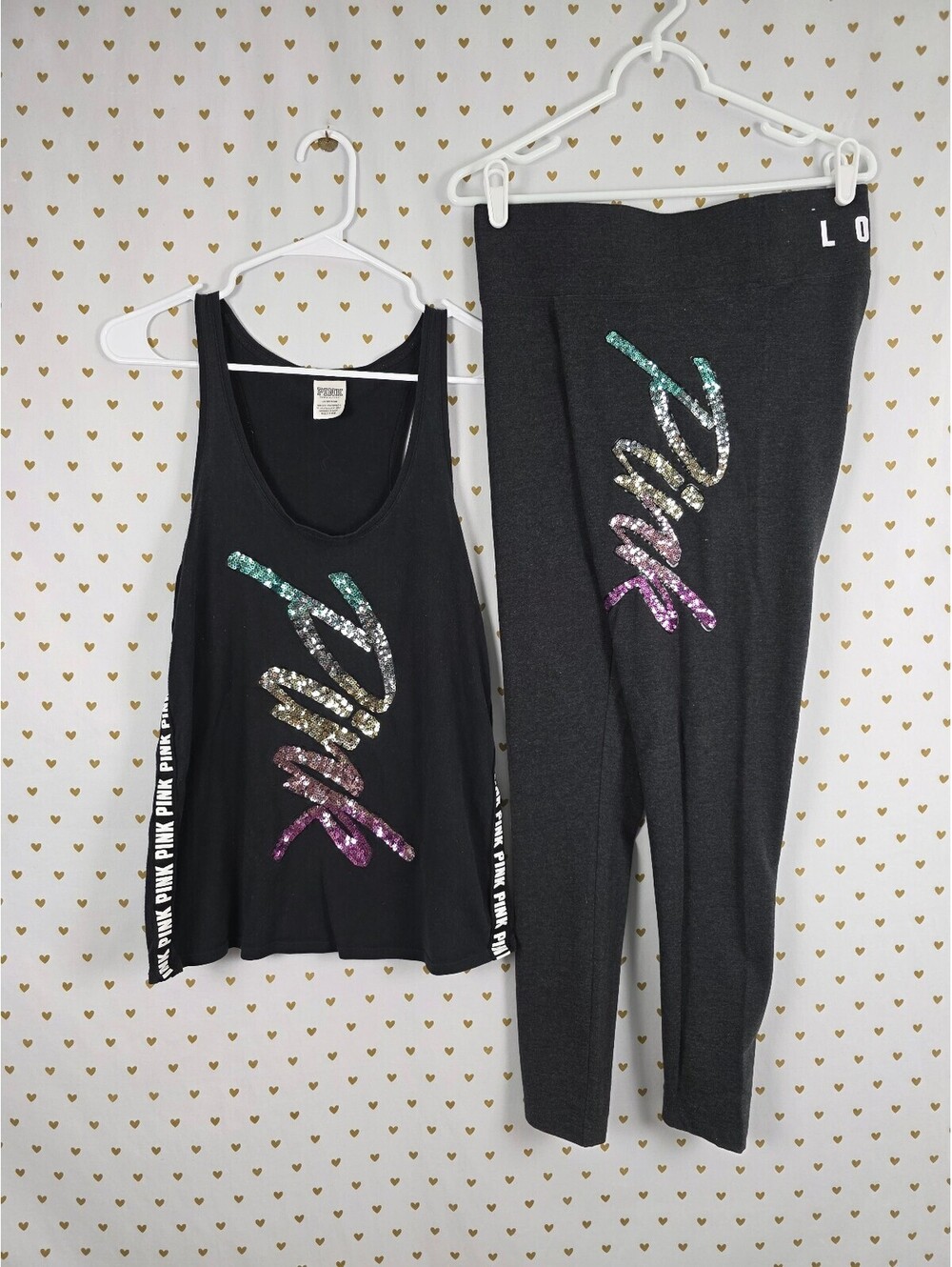 Victorias Secret PINK Gradient BLING Logo Yoga Pants & Tank Top LARGE Sequined